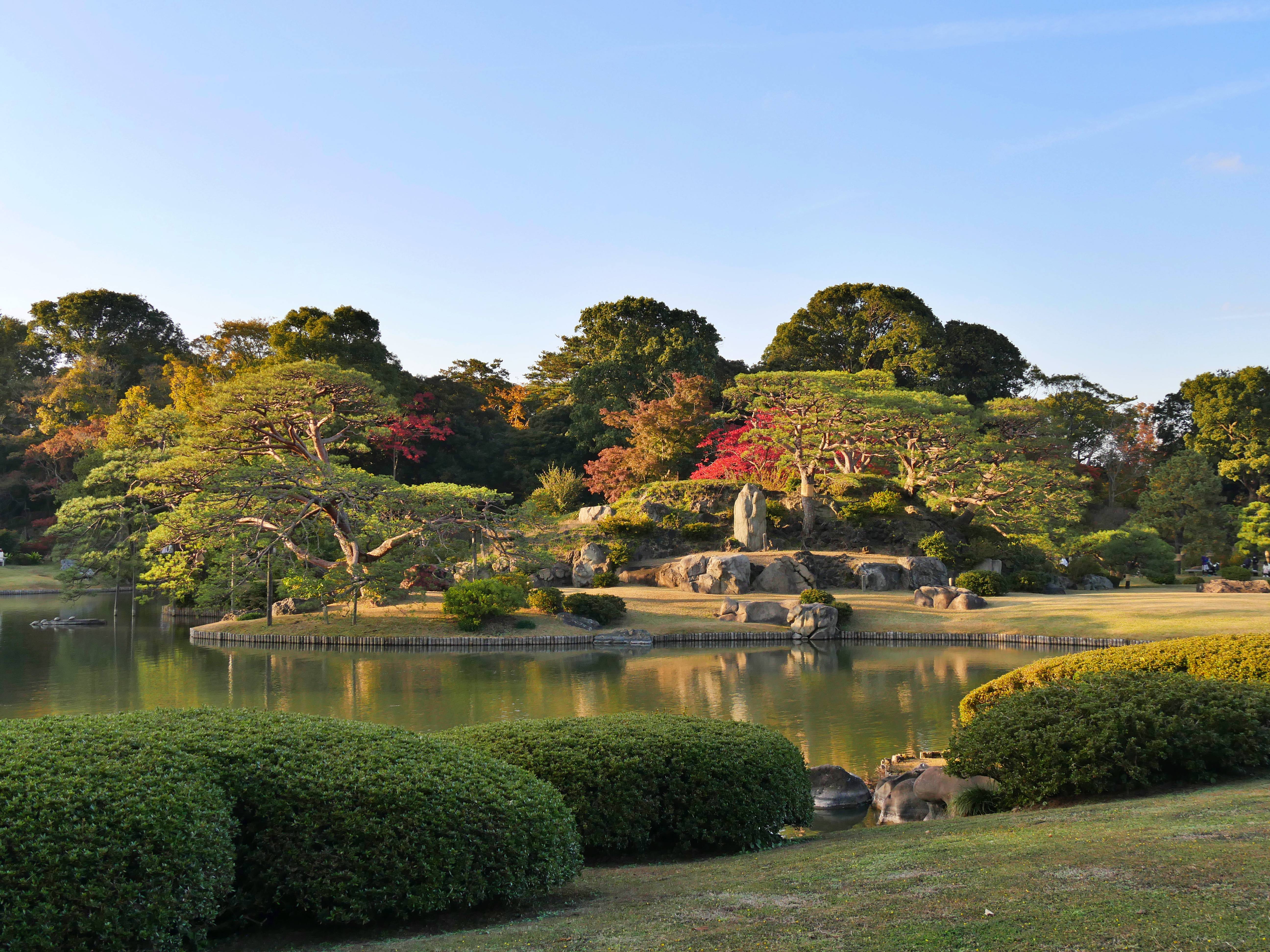 六義園の池と紅葉